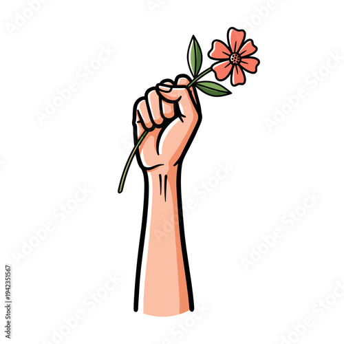 Woman raising fist with flower in hand in bold graphic vector illustration