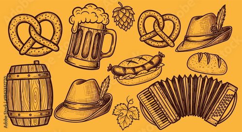 Oktoberfest symbols on orange background vintage illustration for events