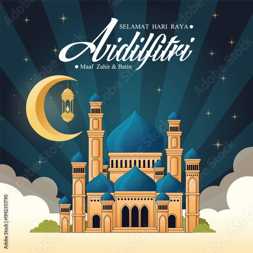 Hari Raya Aidilfitri background design with mosque. Malay means Fasting day celebration, I seek forgiveness, physically and spiritually.