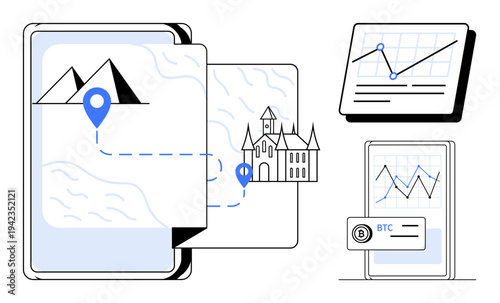 Digital map with location pins and landmarks, Bitcoin transaction screen, data charts. Ideal for finance, investment, cryptocurrency, mobile navigation, analytics travel technology. Simple flat
