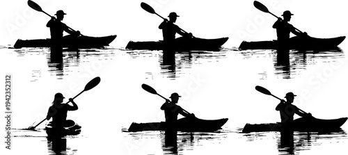 Kayaking silhouette collection with paddler in canoe on water, outdoor adventure sport activity illustration with reflection design