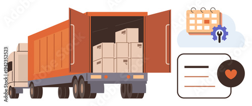 Logistics, supply chain, delivery services, inventory management, scheduling, customer satisfaction. Open truck loaded with boxes, calendar with gear checklist with a heart. Logistics and delivery