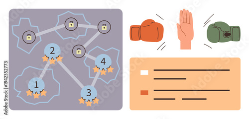 Cybersecurity, conflict resolution, gamification, ranking systems, secure connections, competition. A flowchart with locks, boxing gloves and a ranking list. Cybersecurity and competition concepts