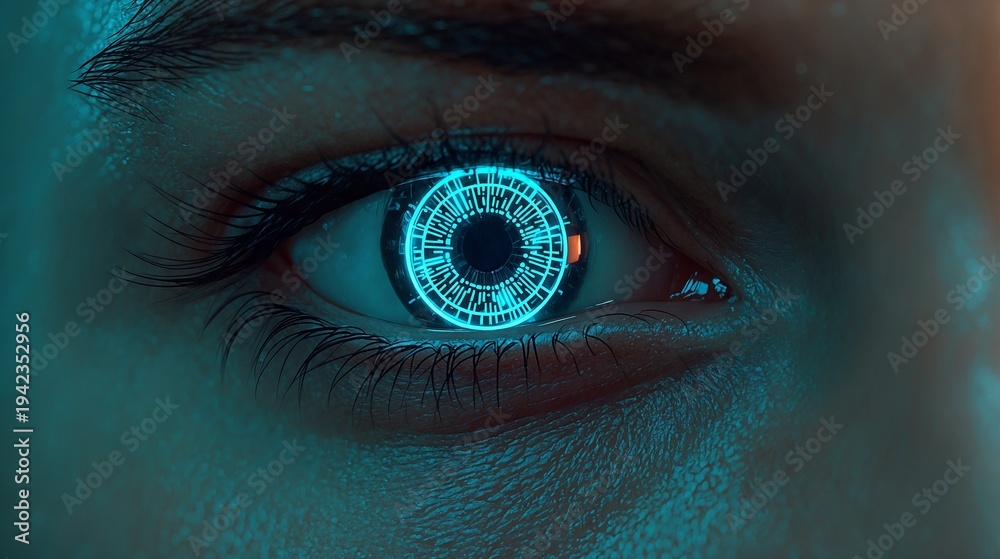 Fototapeta premium Human eye with integrated glowing blue cybernetic circuit iris