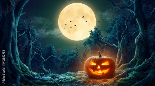 Spooky Halloween Night Landscape with Glowing Jack O Lantern Pumpkin and Large Full Moon in a Dark Forest