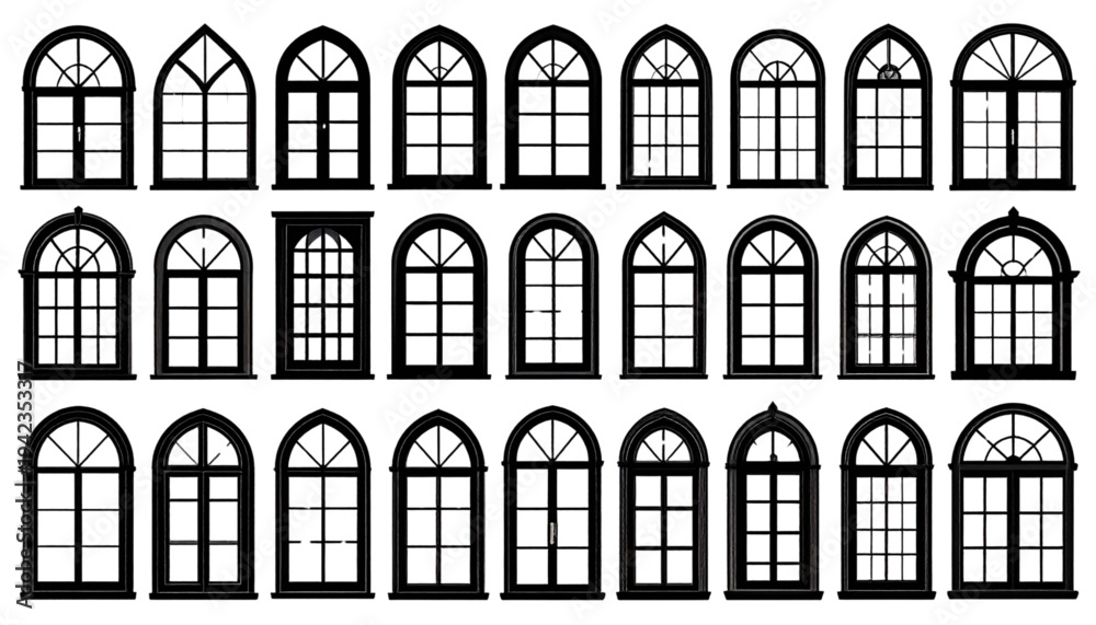 Fototapeta premium A set of black and white window silhouettes on transparent background