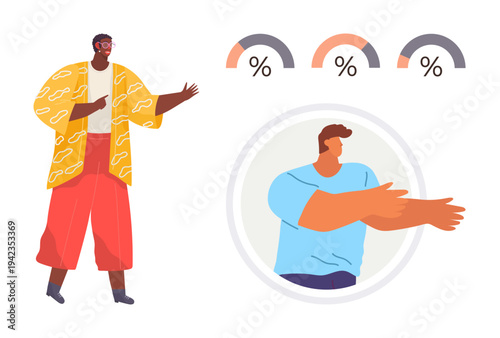 Business analysis, teamwork, data visualization, corporate presentation, collaboration, communication. Two diverse individuals discussing data with percentage graph icons. Business analysis