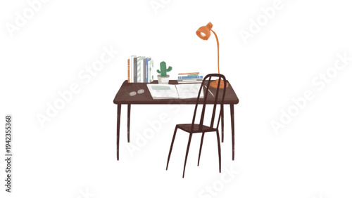 Cozy study desk setup with books, lamp, and chair