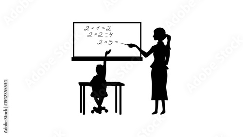 Silhouette of a teacher explaining lesson to a student in classroom