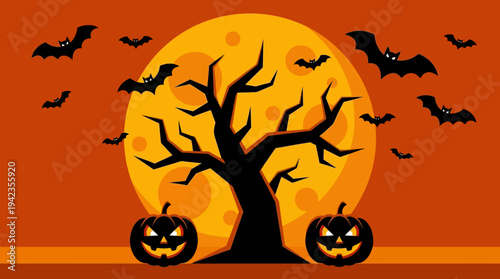 Spooky Halloween Background with Silhouette Tree, Full Moon, Flying Bats and Jack-o'-lanterns on Orange Backdrop