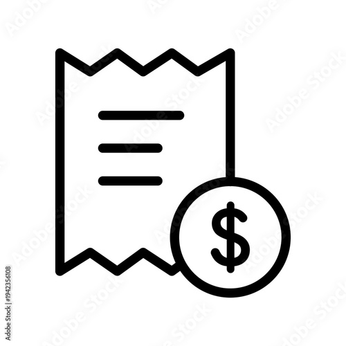 Line icon illustration of a paper receipt with a dollar currency symbol