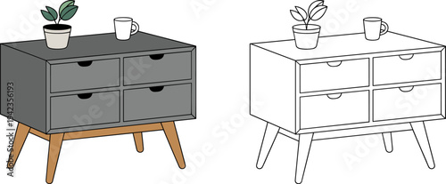 Modern wooden dresser cabinet with drawers furniture illustration, colored and outline home interior storage vector design isolated