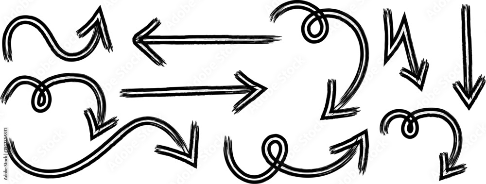 Fototapeta premium A collection of hand drawn black arrows and curved lines illustrating various directions and movement styles high quality professional