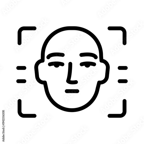 Line art icon depicting a human face within a scanning frame symbolizing biometric facial recognition and identity verification