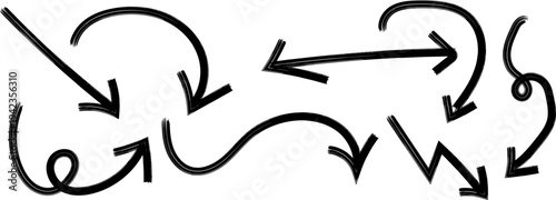 A collection of hand drawn black arrows and curved lines on a white background depicting various directional movements
