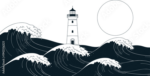 Lighthouse illustration, ocean waves artwork, nautical scene, maritime design, coastal safety, sea storm, dramatic waves, guidance symbol, resilience art, seascape