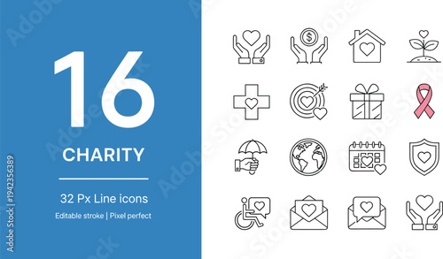 Charity donation and nonprofit support line icons set with heart care aid editable stroke pixel perfect vector collection
