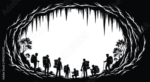 Cave exploration silhouette, hikers adventure, outdoor expedition, stalactite cave, nature travel, trekking group, wilderness journey, adventure illustration, dramatic cave art