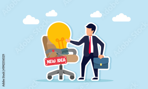 Businessman standing near light bulb on office chair with New Idea tag illustration concept of hiring new employee who can bring fresh business ideas and innovation