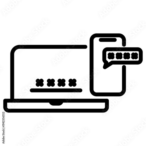 Linear illustration of a laptop and mobile phone representing a secure multi factor authentication process via text message code