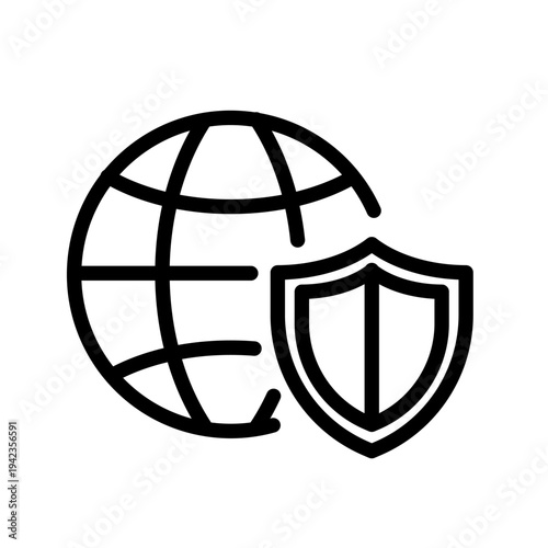 Line style icon of a globe behind a shield representing a virtual private network for secure and anonymous browsing