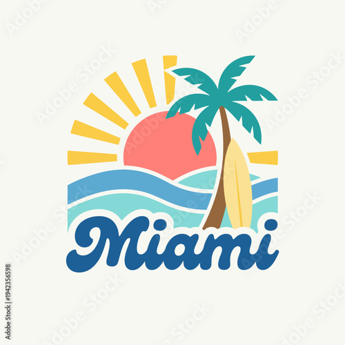 This colorful Miami scene features a palm tree and surfboard against a vibrant sun, capturing the lively spirit of the beach and encouraging an outdoor lifestyle.