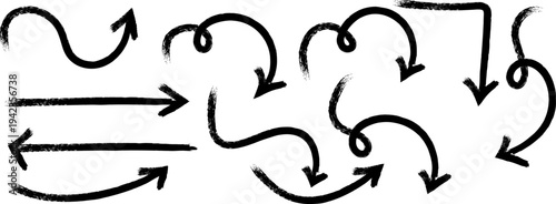 A collection of hand drawn black arrows in various shapes and directions suggesting movement and guidance high quality professional