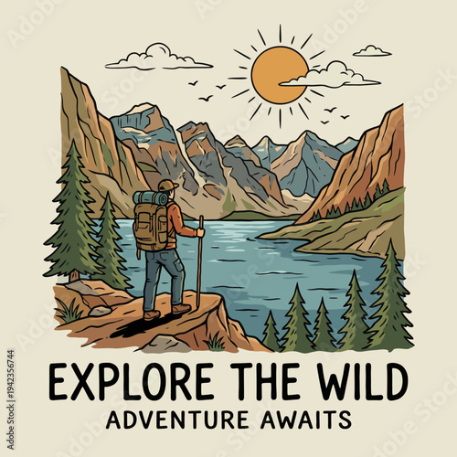 A hiker stands on a rocky ledge, gazing at a breathtaking lakeside view surrounded by majestic mountains, evoking a sense of adventure and connection with nature's beauty.