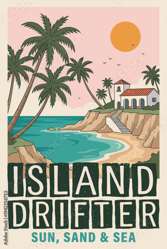 The serene depiction of a tropical coastline with palm trees and a sunset captures the essence of tranquility and beauty, inviting viewers to envision a perfect getaway.