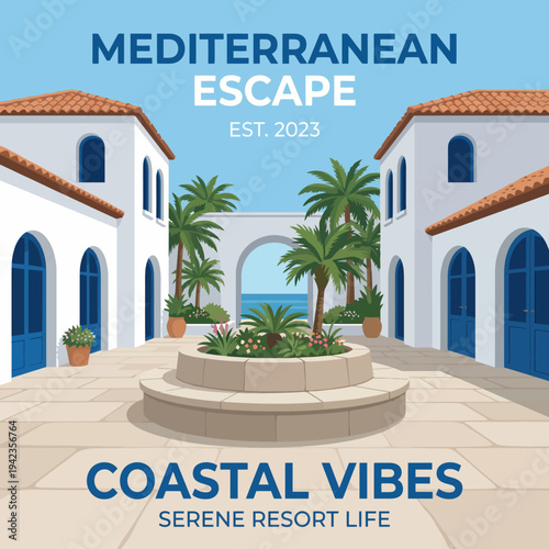 This tranquil illustration portrays a serene Mediterranean courtyard with palm trees, inviting viewers to experience the peaceful resort life and stunning coastal beauty.