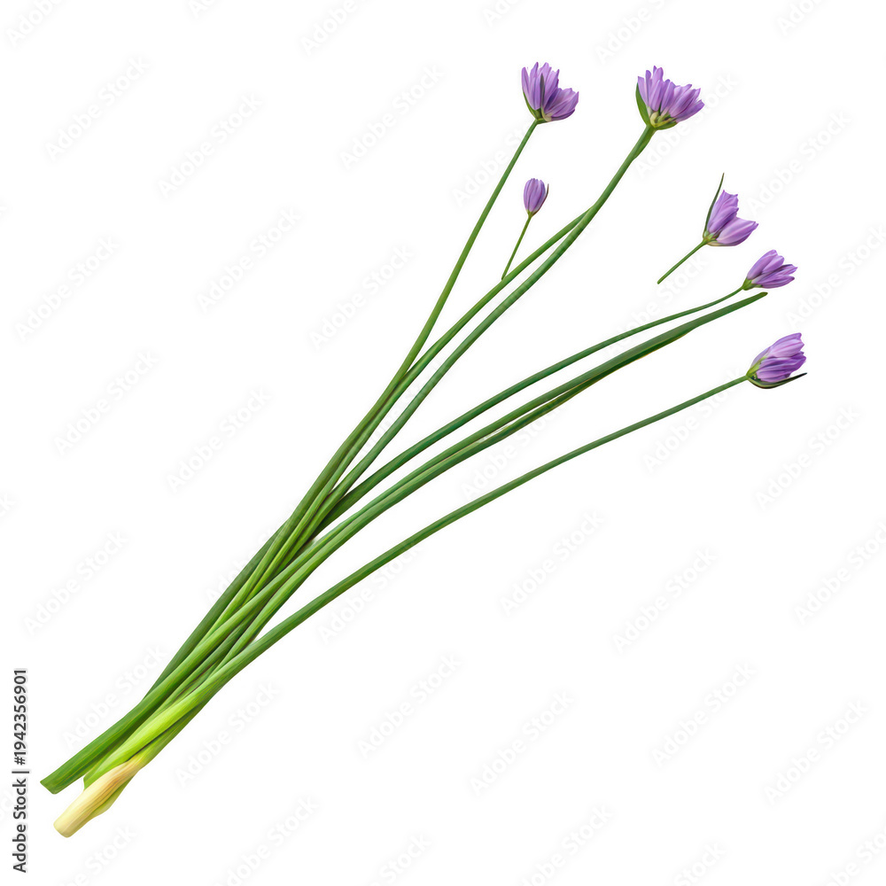 Fototapeta premium Chives with purple flowers and green stems isolated on transparent background transparent background