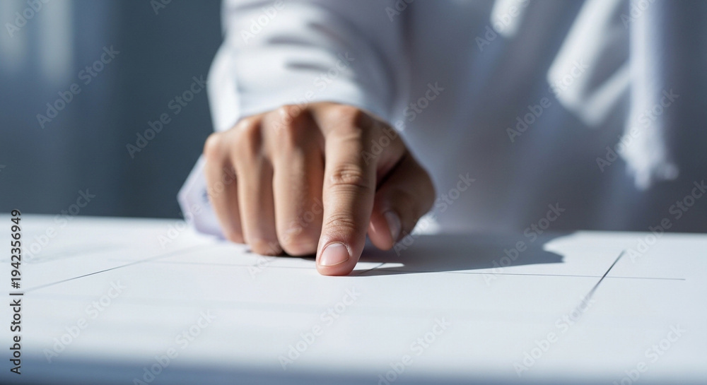 Fototapeta premium A person's index finger points directly down onto a blank white surface, emphasizing a specific spot or document.