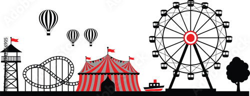 Amusement park illustration, roller coaster ride, circus tent artwork, Ferris wheel design, hot air balloons, boat attraction, entertainment carnival scene