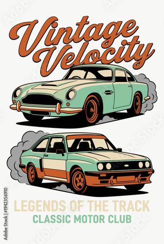 This stunning illustration features iconic vintage cars, showcasing their sleek designs as they race on a track, invoking a sense of nostalgia and passion for classic automobiles.