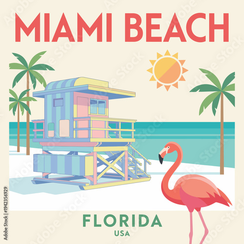 This charming depiction of a lifeguard stand at Miami Beach under sunny skies captures a playful essence that embodies the spirit of summer and beach life in Florida.