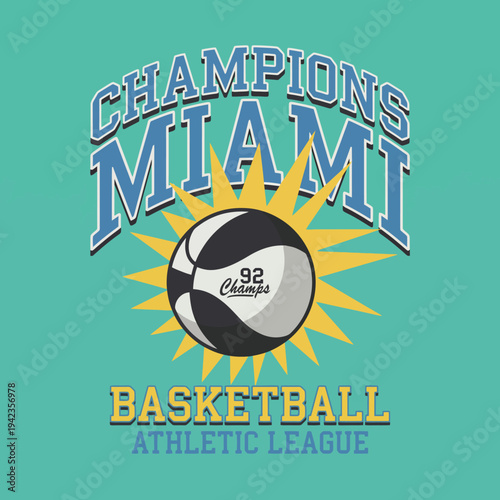 The image showcases Miami's dynamic basketball scene with bright colors and a textured ball, embodying the spirit of competition and camaraderie among players.
