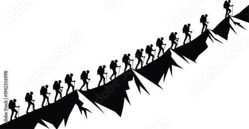 Mountain climbing silhouette illustration, hikers ascending steep jagged slope, teamwork perseverance artwork, outdoor adventure exploration, rugged terrain mountaineering design