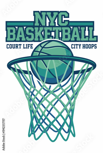 This energetic image captures the essence of NYC basketball with a hoop and ball, representing the vibrant city life and competitive spirit surrounding street basketball.