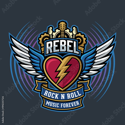 This energetic illustration showcases a heart with wings, guitars, and a vibrant design that embodies the spirit of rock and roll music and rebellious youth culture.