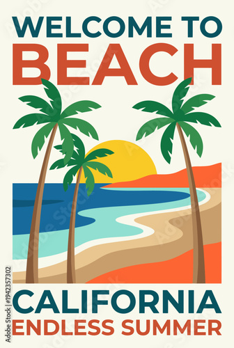 A cheerful representation of a beach scene in California, showcasing palm trees and a sunny horizon, symbolizing relaxation and endless summer opportunities.