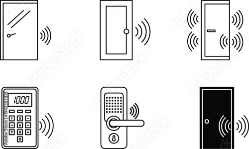 Smart door lock icons with wireless signal symbols, digital keypad entry, electronic security systems, and automated home access control designs.