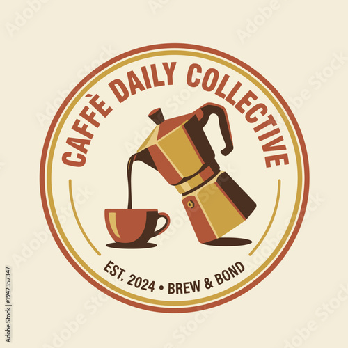 A charming graphic logo showcasing a coffee pot pouring coffee into a cup, representing warmth and the joy of a daily coffee ritual, perfect for café branding.