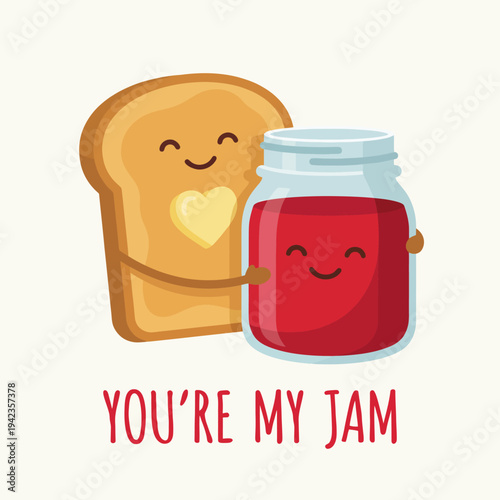 This adorable illustration depicts a friendly slice of toast hugging a cute jam jar, conveying a joyful and playful vibe, perfect for food lovers and children's themes.