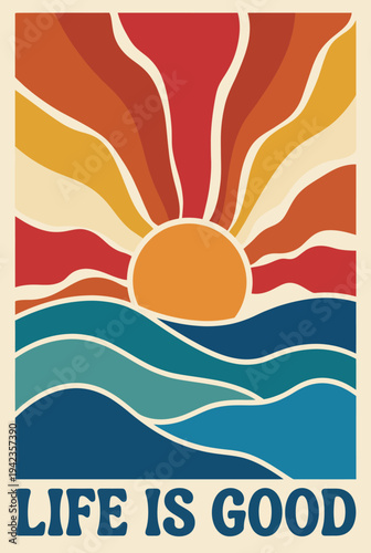This retro-inspired artwork features a captivating sun with radiating colors and flowing waves, symbolizing positivity and joy inherent in sunny seashore days.