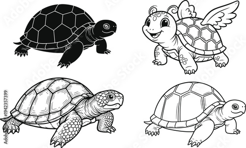 Turtle illustration set featuring a black silhouette, detailed realistic tortoise, cute cartoon character with wings, and simple line art drawing.