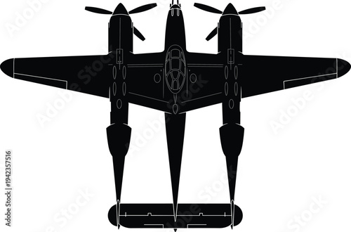 Twin boom aircraft silhouette, vintage fighter plane design, World War II aviation, propeller engine aircraft, military airplane illustration, historic warplane