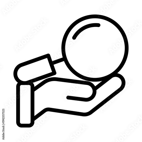 Line icon showing a magnifying glass held in a hand representing the discovery of the best match