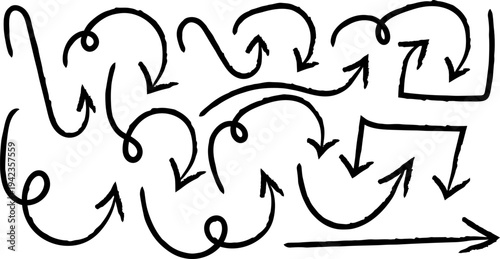 A chaotic arrangement of hand drawn black arrows and looping lines creates a sense of dynamic movement and complexity