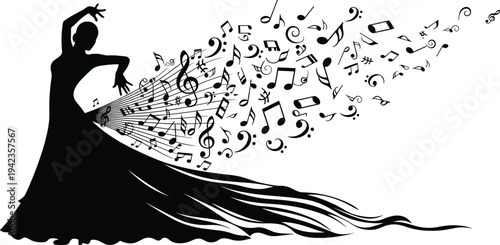 Graceful dancer silhouette, flowing dress movement, artistic dance pose, musical notes burst, creative performance art, black and white design harmony