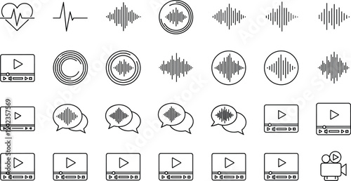 Digital Media Player And Audio Sound Wave Icon Set Featuring Video Interface Symbols Voice Frequency Graphics Heartbeat Pulse And Multimedia Communication Elements